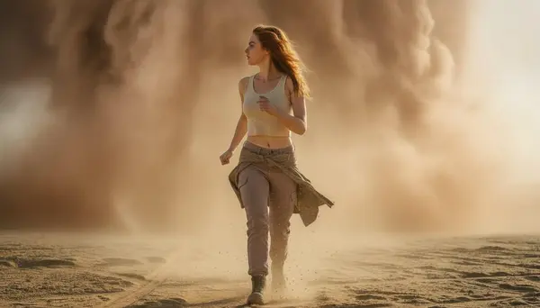 Nano Banana edit output — massive sandstorm added to the background behind the running red-haired girl, dramatic cinematic atmosphere